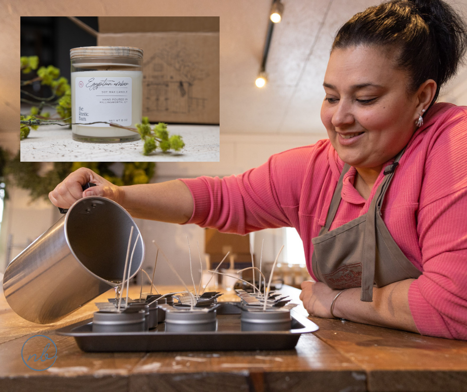 candle maker lifestyle image of her making and then final candle for sale
